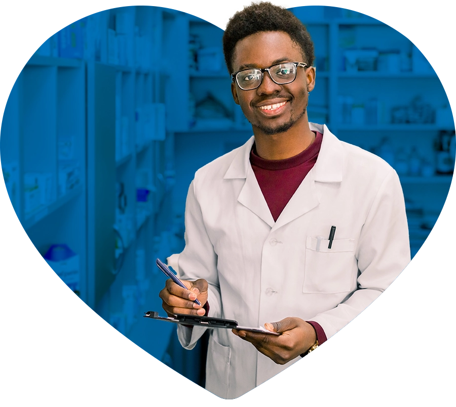 a man in a white coat holding a clipboard embedded in a blue heart