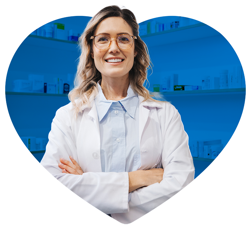 a woman in a white coat embedded in a blue heart