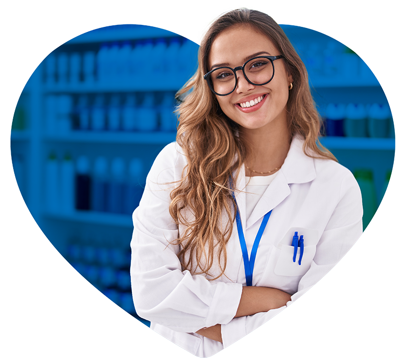 a woman wearing glasses and a lab coat embedded in a blue heart